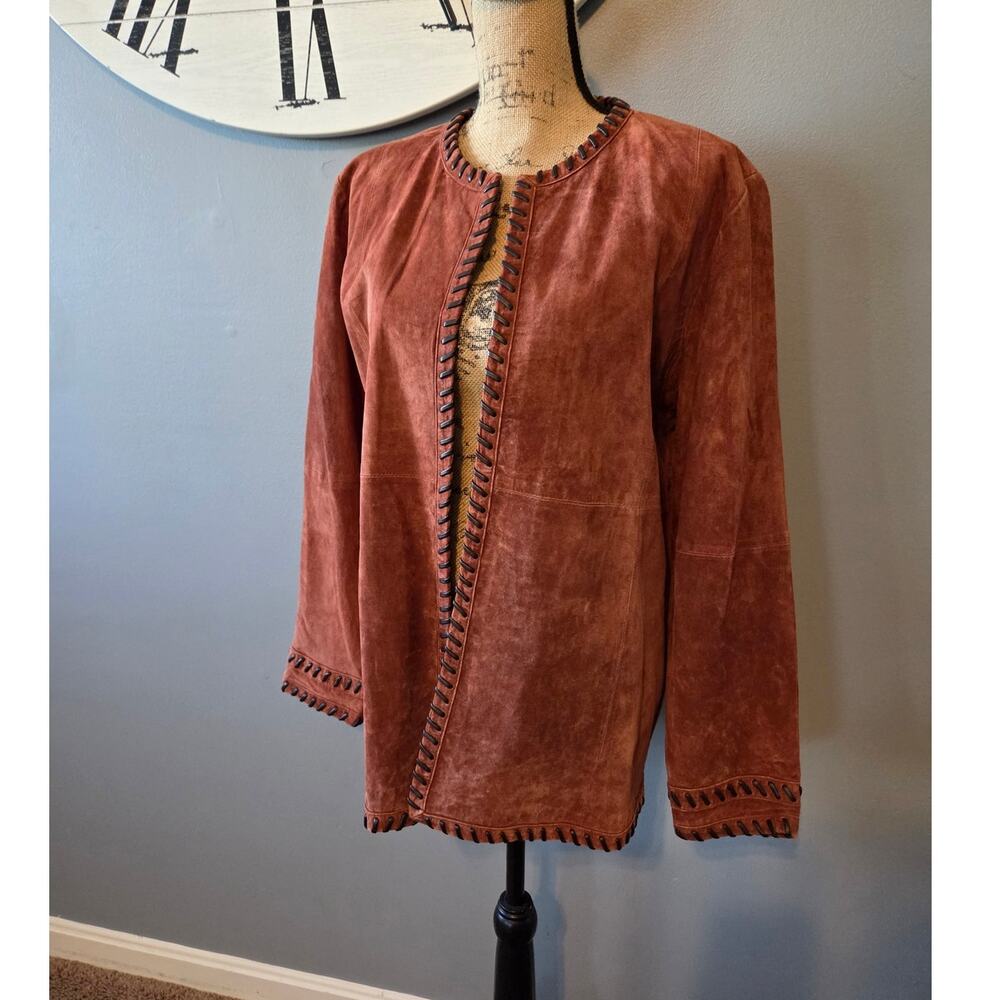 Linea 100% leather suede open front jacket whipstitch trim tan L